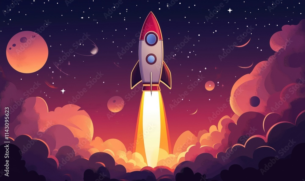 Rocket launch into space, vibrant colors, cosmic background, planets, stars, clouds, adventure, exploration Rocket launch into space, vibrant colors, cosmic background, planets, stars, clouds, adventure, exploration