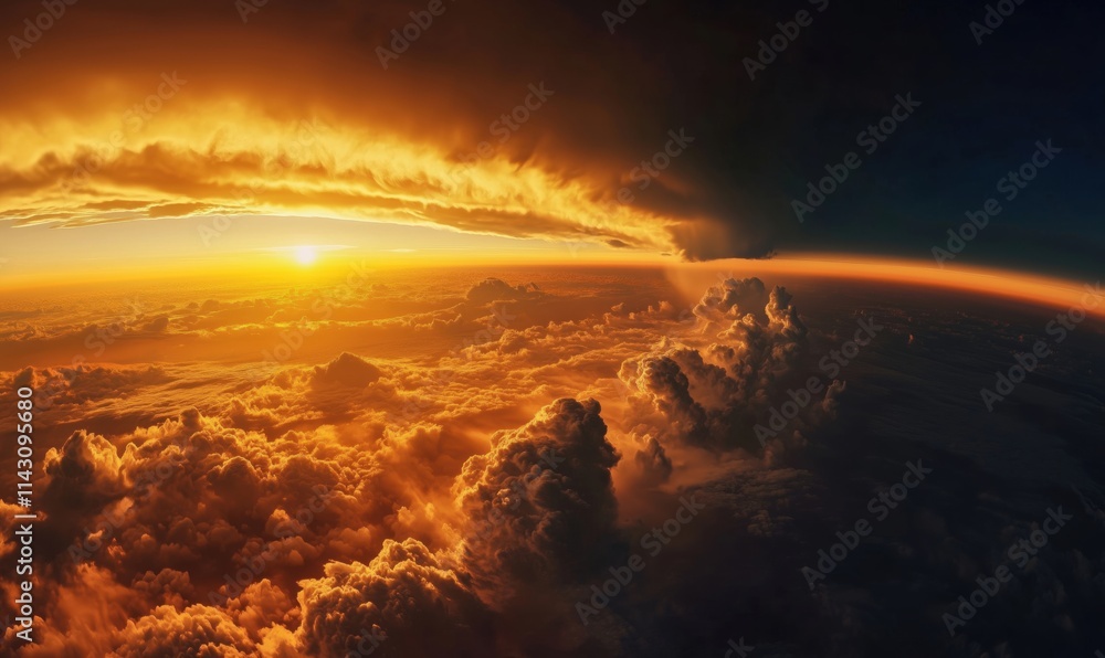 Stunning sunset over clouds and horizon, vibrant orange and yellow hues, dramatic cloud formations, atmospheric perspective Stunning sunset over clouds and horizon, vibrant orange and yellow hues, dramatic cloud formations, atmospheric perspective