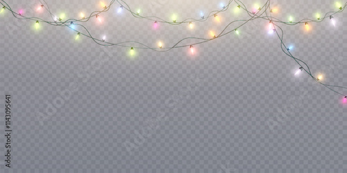 Christmas golden lights bright garland isolated on transparent background. For new year and holiday decoration.