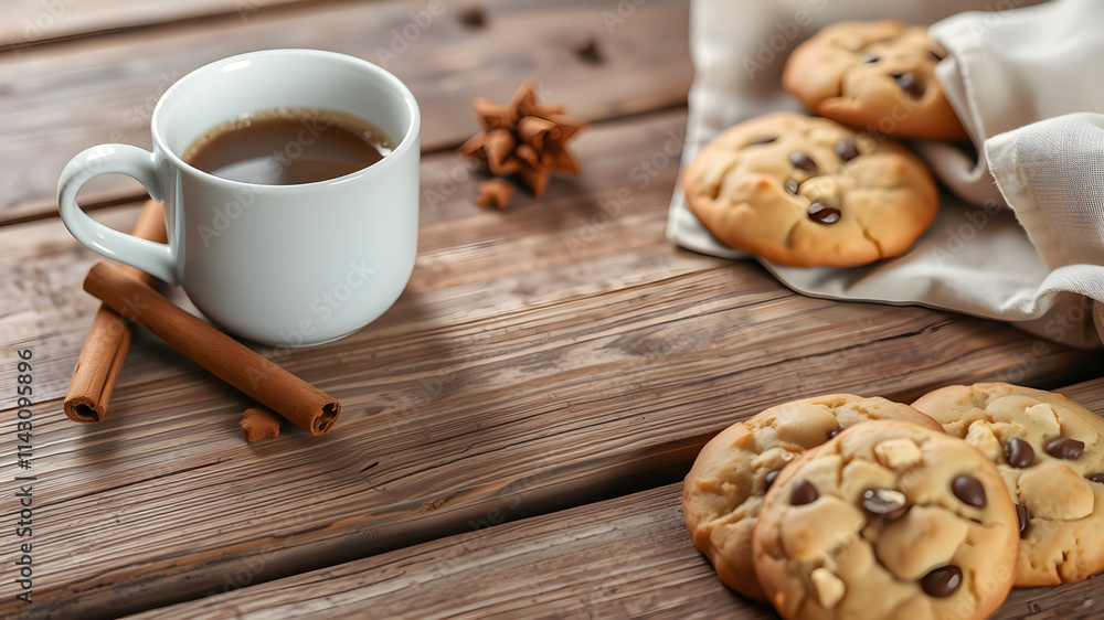 A rustic wooden table with a plain white coffee cup, a cinnamon stick, and freshly baked cookies. Generative AI A rustic wooden table with a plain white coffee cup, a cinnamon stick, and freshly baked cookies. Generative AI