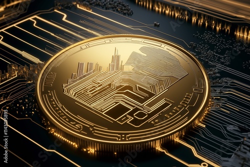 Golden Digital Coin with Futuristic City Design Resting on a Circuit Board. Concept of Blockchain, Digital Economy, and Modern Smart Technologies. AI generated