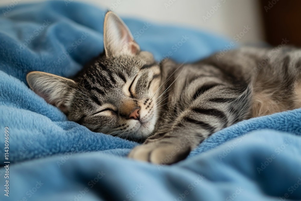 Sleeping tabby cat nestled in blue blanket. Sleeping tabby cat nestled in blue blanket.