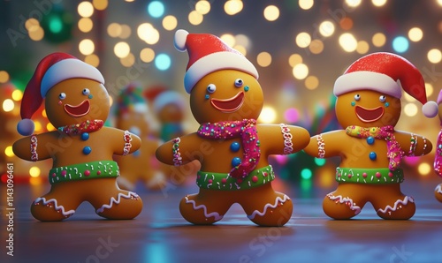 Gingerbread cookies with festive decorations, smiling faces, Santa hats, colorful icing, holiday spirit, blurred lights in background photo