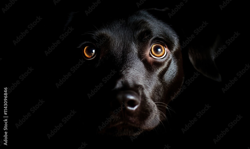 Black dog with striking amber eyes, close-up portrait, dark background, emotional expression, captivating gaze Black dog with striking amber eyes, close-up portrait, dark background, emotional expression, captivating gaze