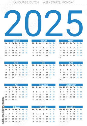 2025 year dutch calendar. Vector illustration. Kalender for Netherlands