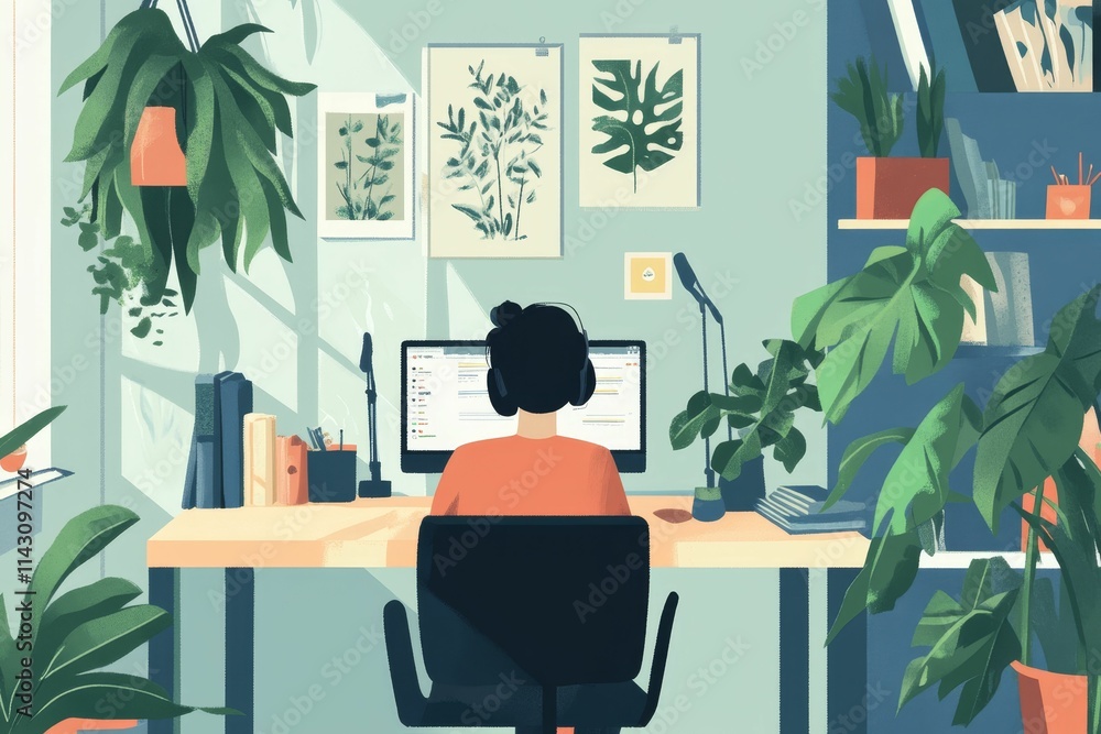 Fototapeta premium Person working at home, surrounded by plants.