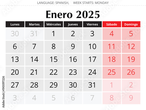 2025 Spanish January monthly calendar - Enero. Vector illustrations for winter month Spain