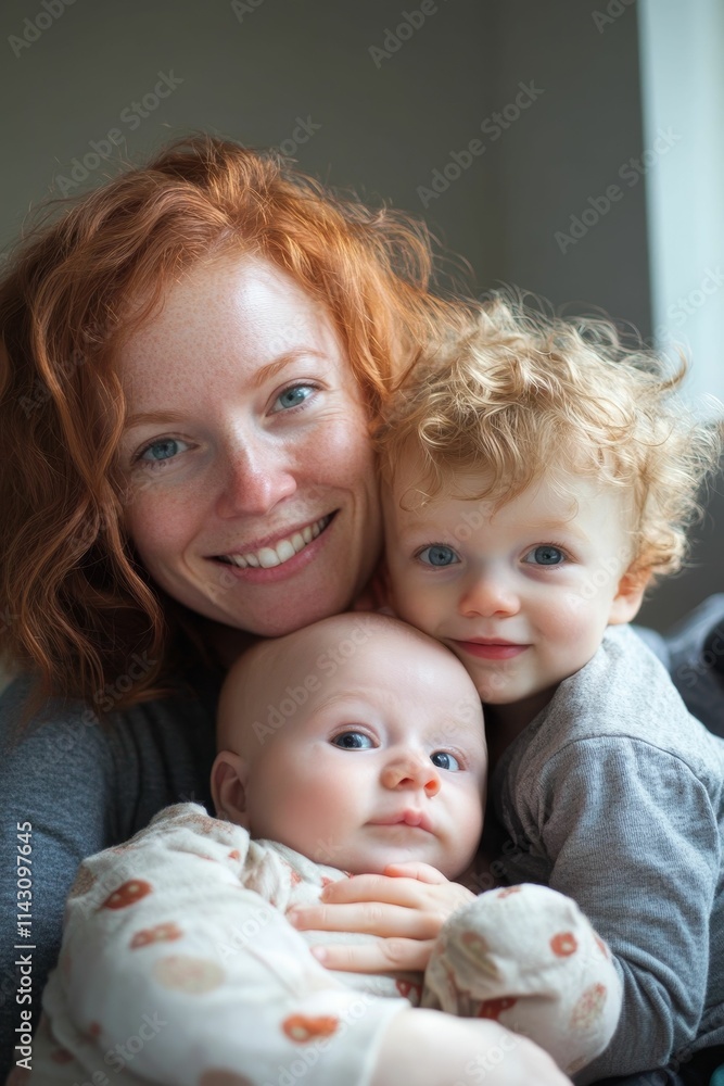 Redhead mother embraces two young children. Redhead mother embraces two young children.