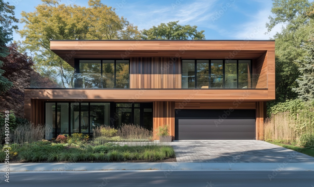 Fototapeta premium Modern wooden house with large windows and garage, surrounded by greenery and trees, showcasing contemporary architecture and design.