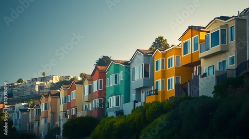 A terraced hillside neighborhood with multicolored homes cascading down a slope. photo