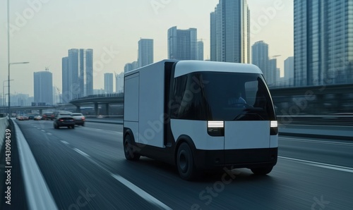 Futuristic electric delivery van on urban highway, sleek design, modern city skyline, evening light