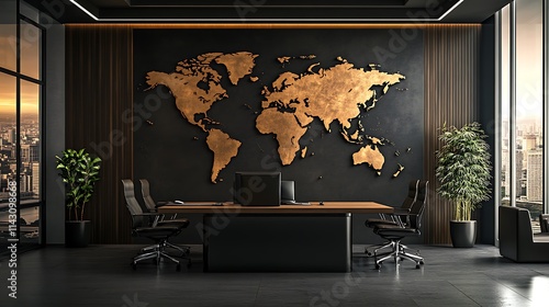 Modern office interior with world map wall art, desks, chairs, and plants.