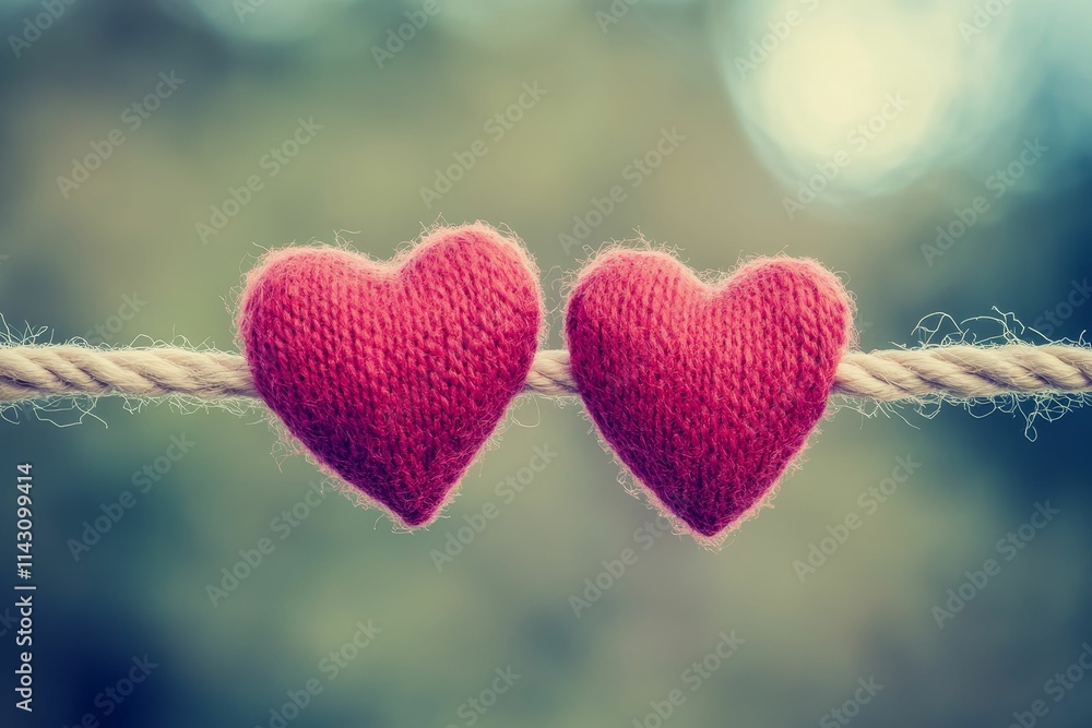 Two yarn hearts hang from rope, blurred background. Two yarn hearts hang from rope, blurred background.