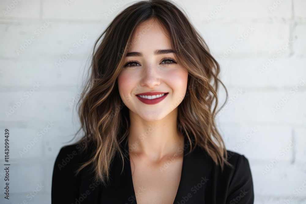 Smiling woman, brown wavy hair, black top. Smiling woman, brown wavy hair, black top.
