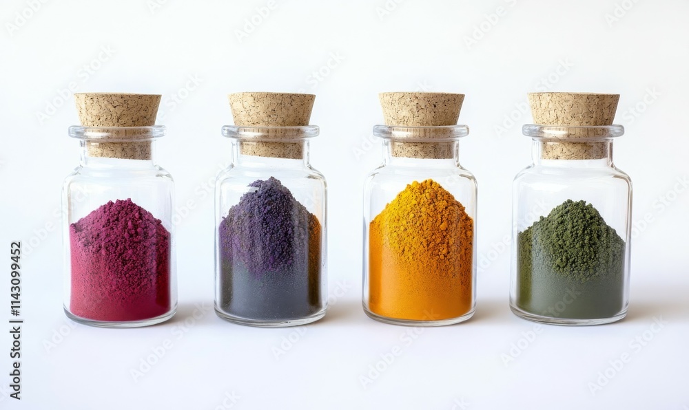 Coloured Pigments in Glass Containers. Colourful Holi Celebration Concept with Copy-space. Coloured Pigments in Glass Containers. Colourful Holi Celebration Concept with Copy-space.