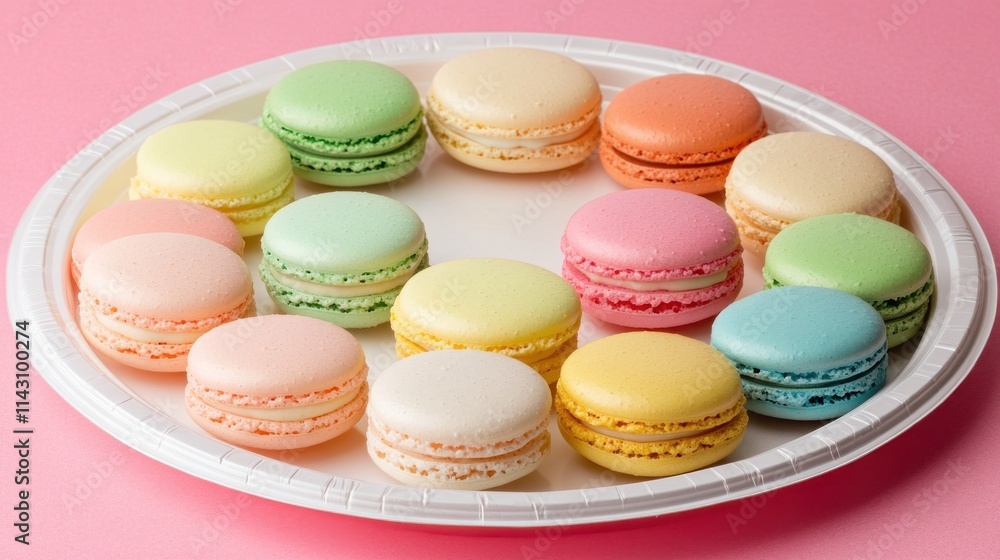 Colorful macarons arranged on a white plate against a pink background. Colorful macarons arranged on a white plate against a pink background.