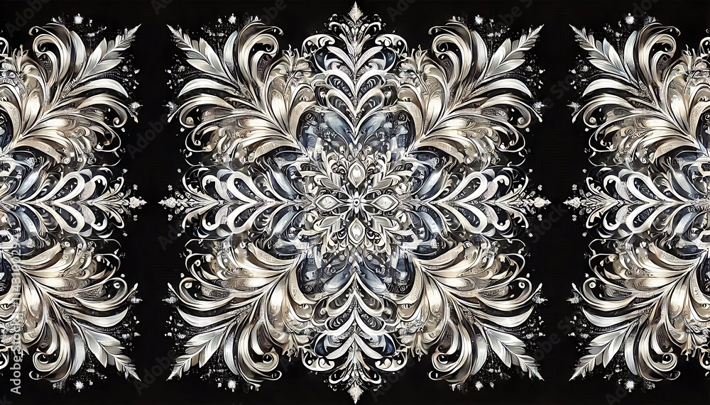Design an intricate, symmetrical snowflake in metallic silver and icy blue tones, with sparkling effects for modern and elegant winter card using Generative AI Design an intricate, symmetrical snowflake in metallic silver and icy blue tones, with sparkling effects for modern and elegant winter card using Generative AI