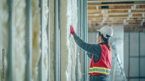 Female construction worker installing insulation in a new building.