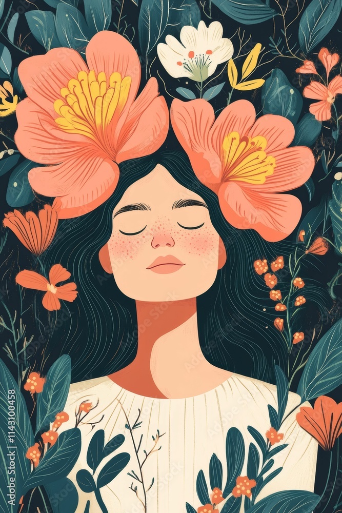 Serene woman surrounded by vibrant flowers. Serene woman surrounded by vibrant flowers.