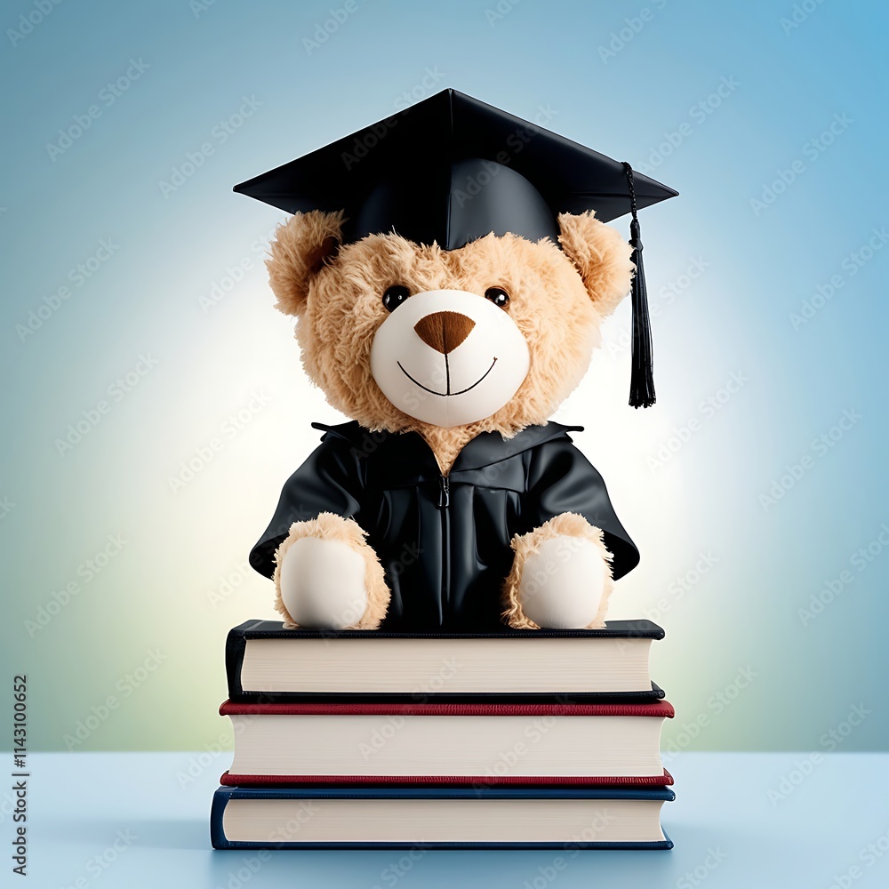 Soft Teddy Bear in Graduation Cap Sitting Beside Stacked Books | Charming Graduation-Themed Display Soft Teddy Bear in Graduation Cap Sitting Beside Stacked Books | Charming Graduation-Themed Display