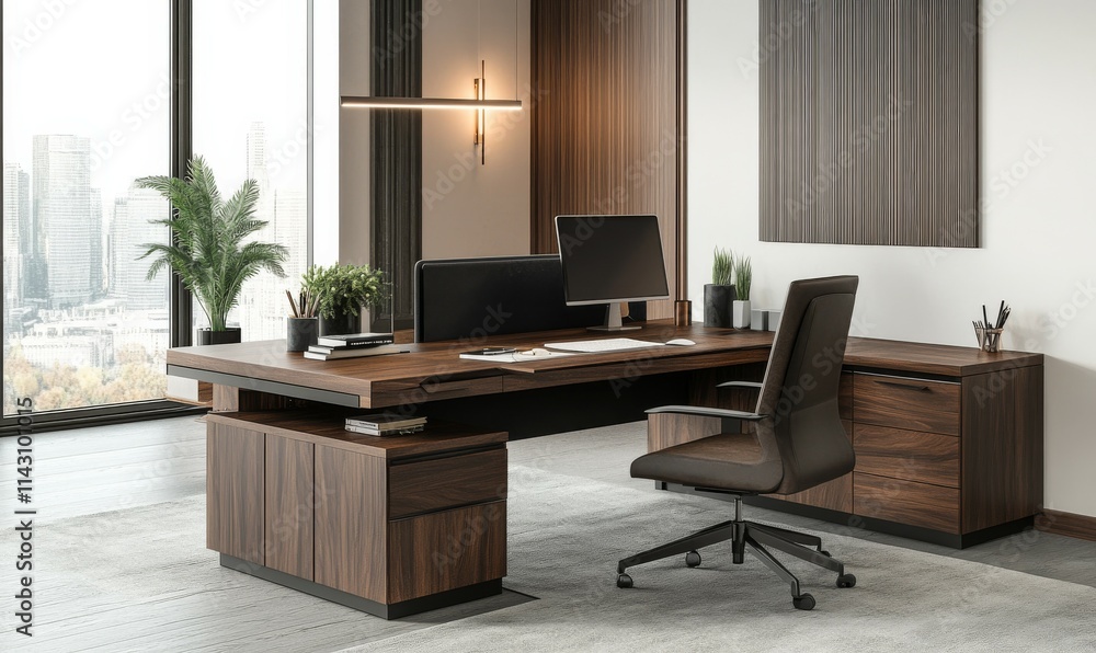 A modern home office featuring an L-shaped desk with the user back to the wall. A modern home office featuring an L-shaped desk with the user back to the wall.