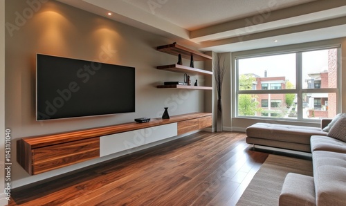 A modern living room wall design with a flat screen TV mounted to the left and a sleek, floating media console below. on the floor are two tall and narrow cabinets with open shelves