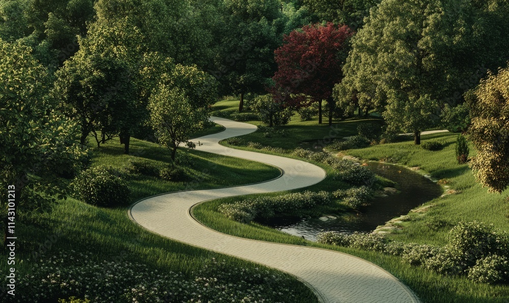 Obraz premium A quiet park with a winding path that splits into multiple forks, symbolizing indecision and the challenge of choosing a single direction. The scene is calm.
