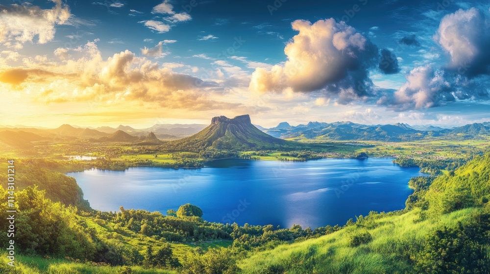 Panoramic view of a serene lake nestled amongst lush green hills and a majestic mountain under a vibrant sunset sky. Panoramic view of a serene lake nestled amongst lush green hills and a majestic mountain under a vibrant sunset sky.