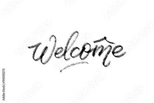 Welcome hand written crayon lettering, Hand drawn element isolated on white background. Minimalistic monochrome graphic elements for web, prints, banners