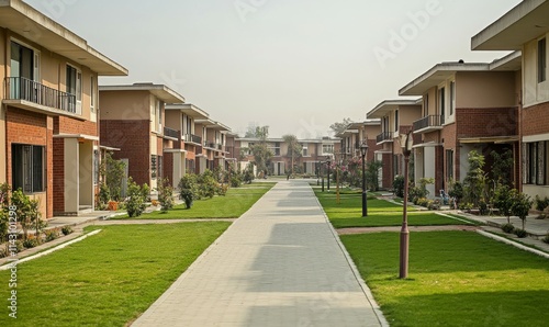 A residential township with a gated society. Each home is a single-story structure with flat roof.