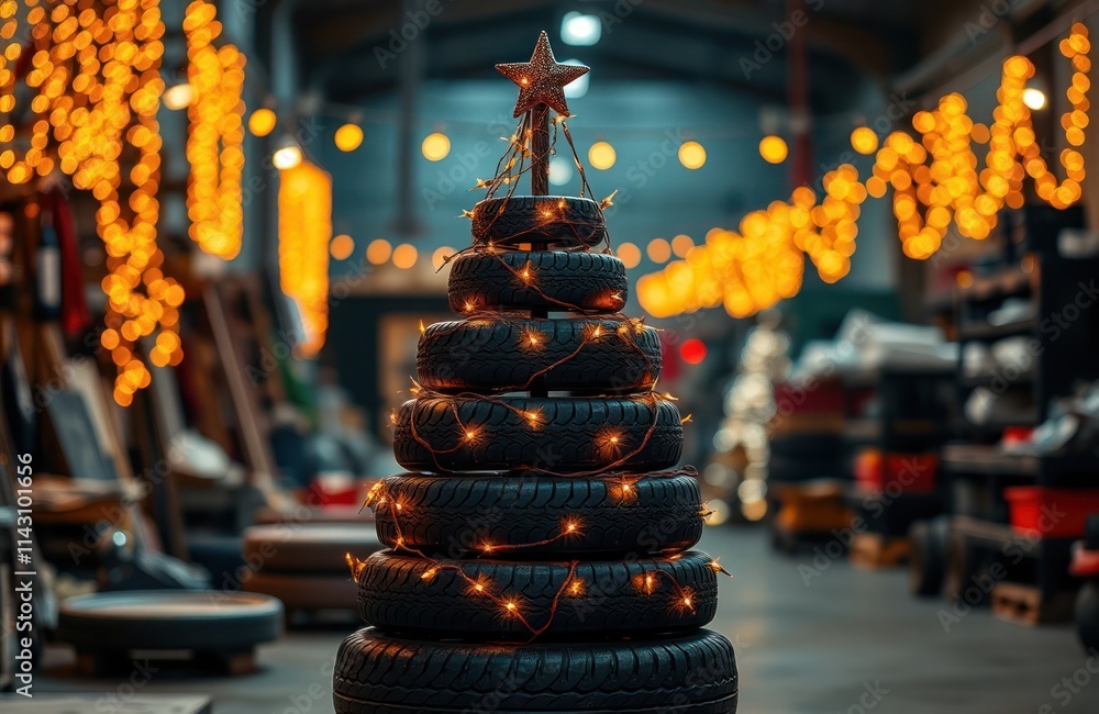 Fototapeta premium Creative tire Christmas tree glows with fairy lights in a workshop. Unique decoration during festive season. Recycled tires create sustainable holiday spirit. Industrial setting adds unique touch.