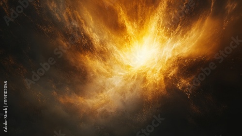 Fiery explosion, swirling gold, dark background.