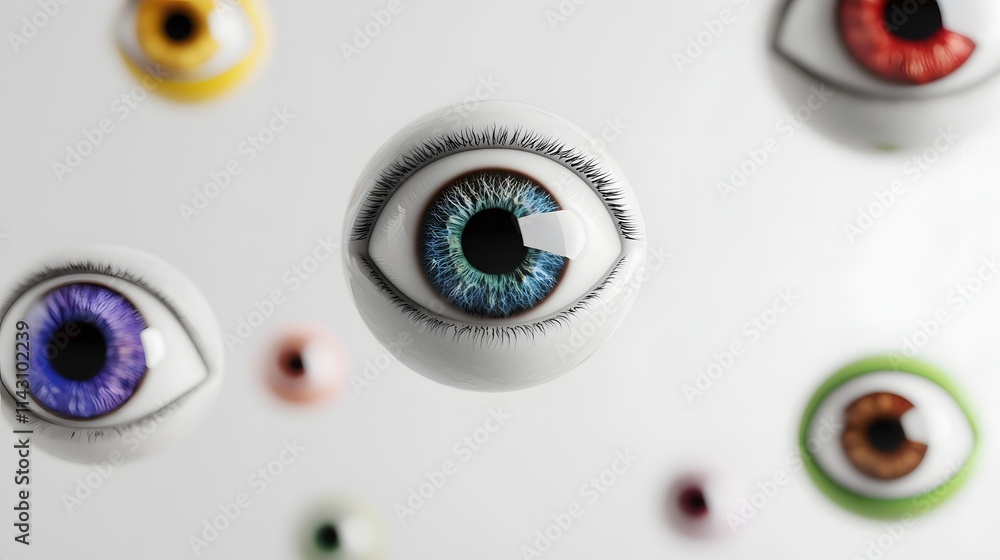 Eye emojis in various colors floating on a pale grey background. Eye emojis in various colors floating on a pale grey background.