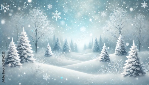 Wallpaper Mural Design snowy winter landscape background with frosted trees, gently falling snowflakes, and serene pale blue sky for holiday decor using Generative AI Torontodigital.ca