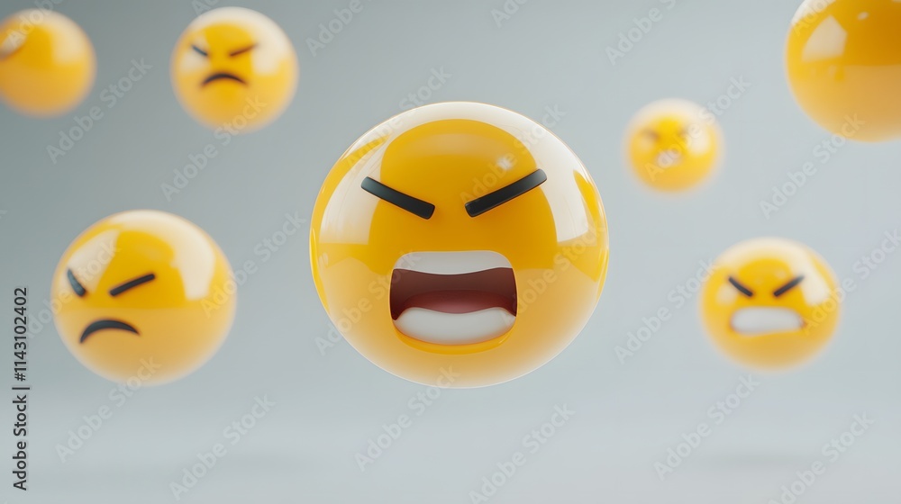 Fototapeta premium Grimacing face emojis floating on a light grey background with muted tones.