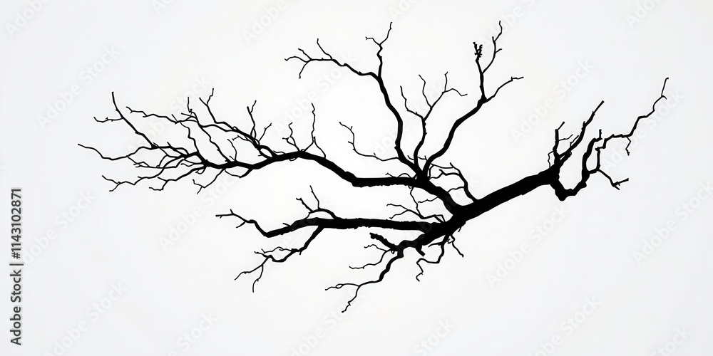 Fototapeta premium Silhouette of a intricate bare tree branch against a blank white background, outline, solitary, nature