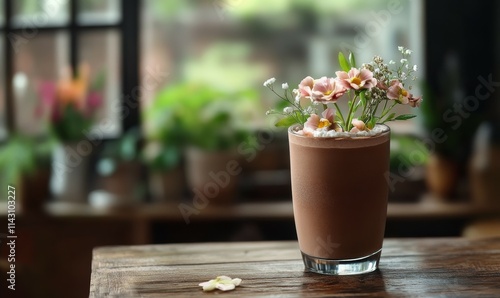 Artisanal mocha mousse vase styled with fresh flowers on a wooden dining table.