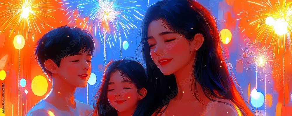 Joyful Celebration of Friends Under a Starry Sky with Colorful Fireworks and Happy Faces Illuminated by Bright Lights in a Magical Atmosphere Joyful Celebration of Friends Under a Starry Sky with Colorful Fireworks and Happy Faces Illuminated by Bright Lights in a Magical Atmosphere