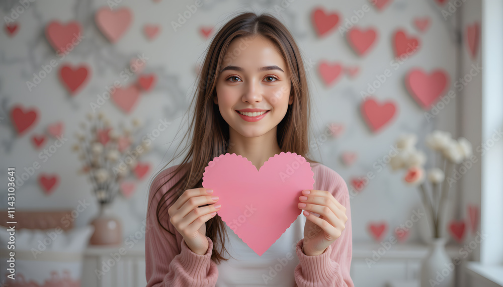 Happy young woman holds paper heart in hands for valentines day Happy young woman holds paper heart in hands for valentines day