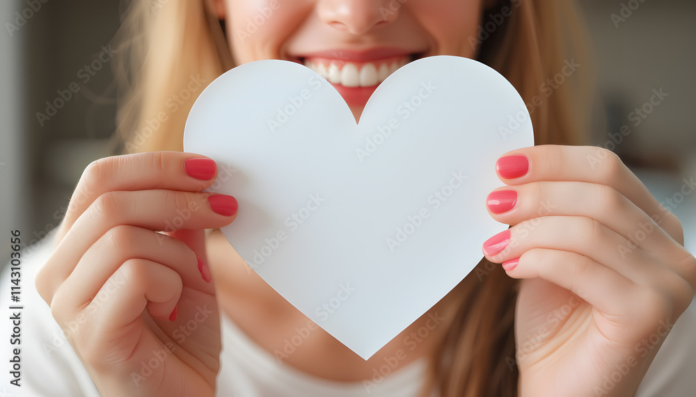Happy young woman holds paper heart in hands for valentines day Happy young woman holds paper heart in hands for valentines day