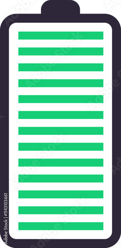 Displaying a full battery status indicator with maximum power level, representing green energy and efficient lithium ion energy storage in electronic devices