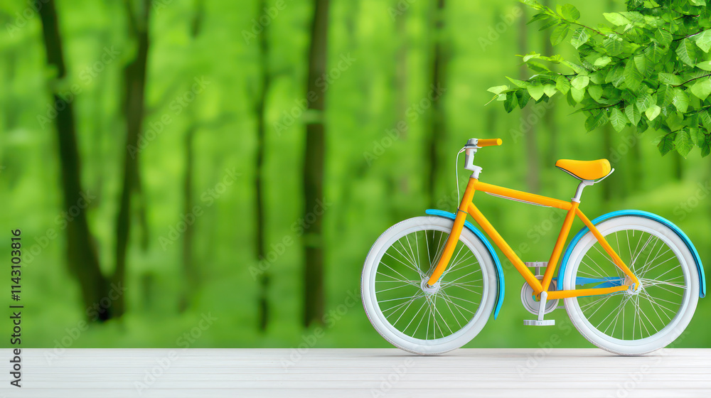 Fototapeta premium Brightly colored bicycle parked in lush green forest setting, showcasing vibrant nature