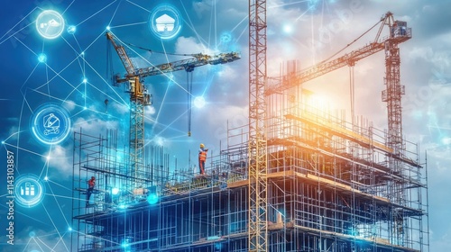 Smart Construction:  A modern construction site with cranes and scaffolding, overlaid with digital icons symbolizing the integration of technology into the building process. photo