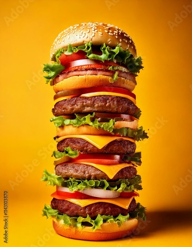 Obraz na płótnie tall stacked cheeseburger tower on a yellow backdrop w salonie