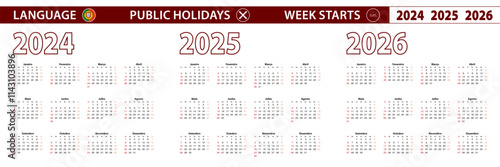 2024, 2025, 2026 year vector calendar in Portuguese language, week starts on Sunday.