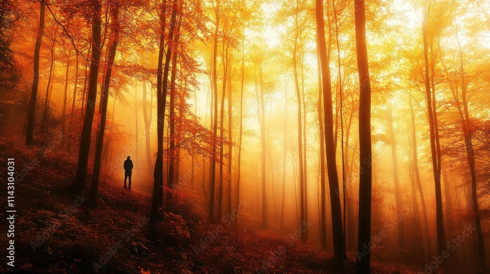 Solitary figure in a mystical autumn forest bathed in golden sunlight and fog. Solitary figure in a mystical autumn forest bathed in golden sunlight and fog.