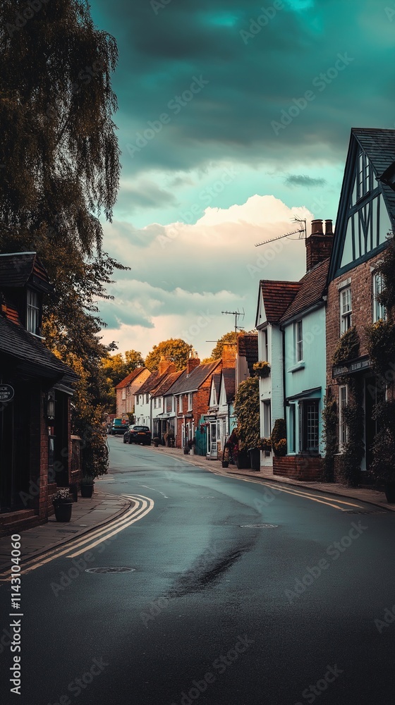 Naklejka premium Charming streets of a small town in eastern UK under dramatic clouds