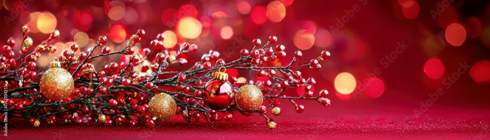 Obraz premium Elegant Christmas Decoration with Red and Gold Ornaments Against a Blurred Background of Warm Holiday Lights and Bokeh Effect for Festive Atmosphere