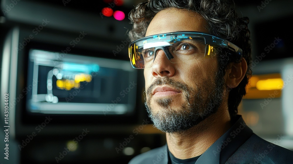 Professional man wearing smart glasses in a modern tech environment with advanced data visualizations on the screen behind him Professional man wearing smart glasses in a modern tech environment with advanced data visualizations on the screen behind him