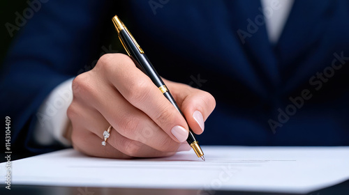 close up of businesswoman signing document with pen, showcasing professionalism and attention to detail